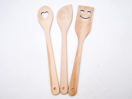 Beech Kitchen Utensils with Laser Cut Motifs - Love (Set of 3)