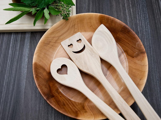 Beech Kitchen Utensils with Laser Cut Motifs - Love (Set of 3)