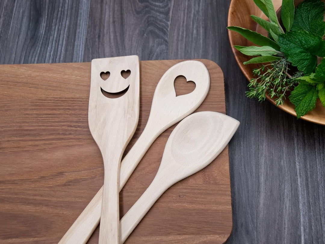 Beech Kitchen Utensils with Laser Cut Motifs - Love (Set of 3)