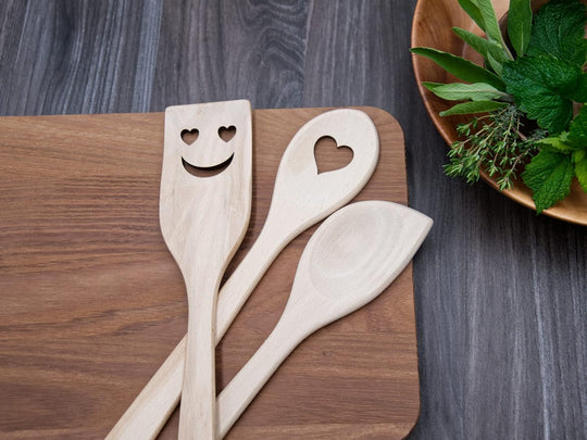 Beech Kitchen Utensils with Laser Cut Motifs - Love (Set of 3)