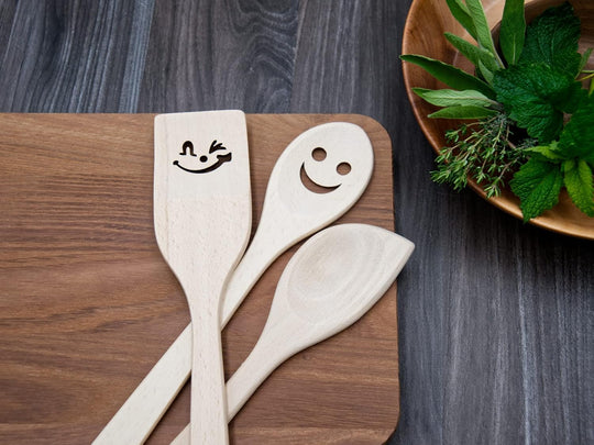 Beech Kitchen Utensils with Laser Cut Motifs - Mood (Set of 3)