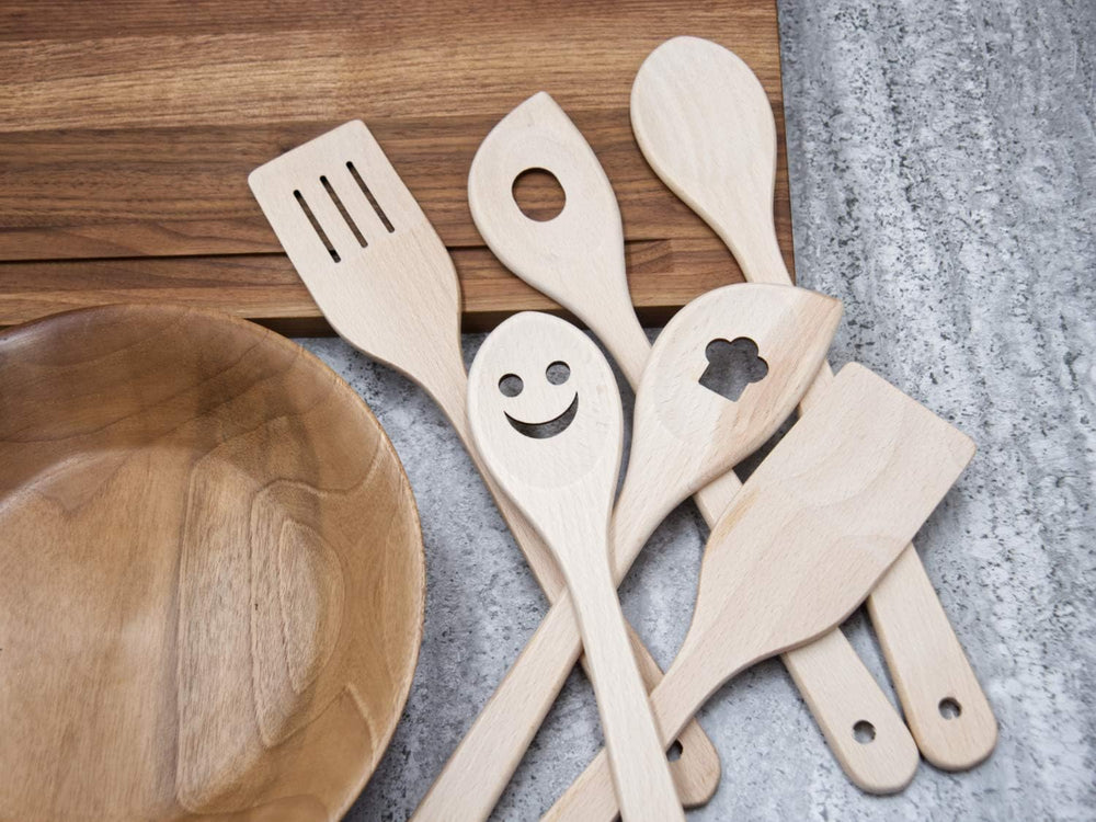 Beech Kitchen Utensils with Laser Cut Motifs - Smile (Set of 6)