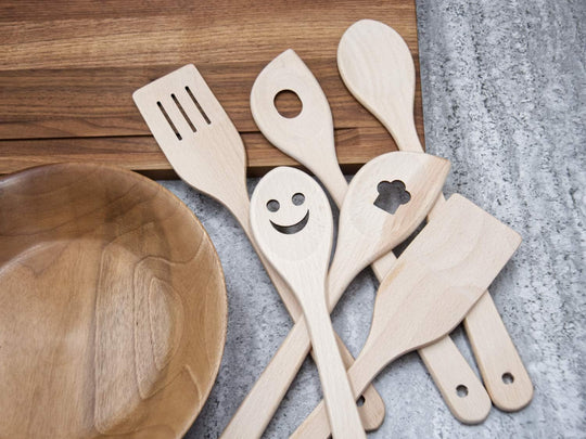 Beech Kitchen Utensils with Laser Cut Motifs - Smile (Set of 6)