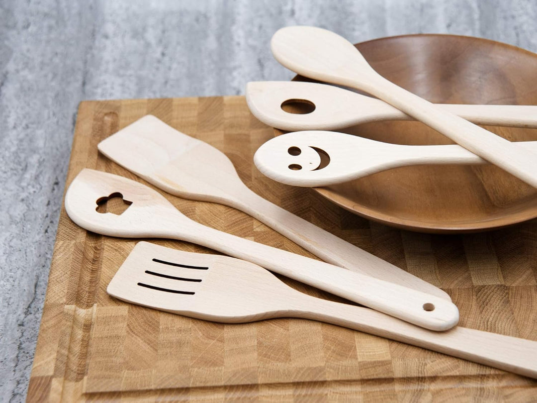 Beech Kitchen Utensils with Laser Cut Motifs - Smile (Set of 6)