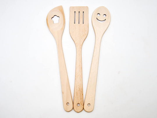 Beech Kitchen Utensils with Laser Cut Motifs - Smile (Set of 3)