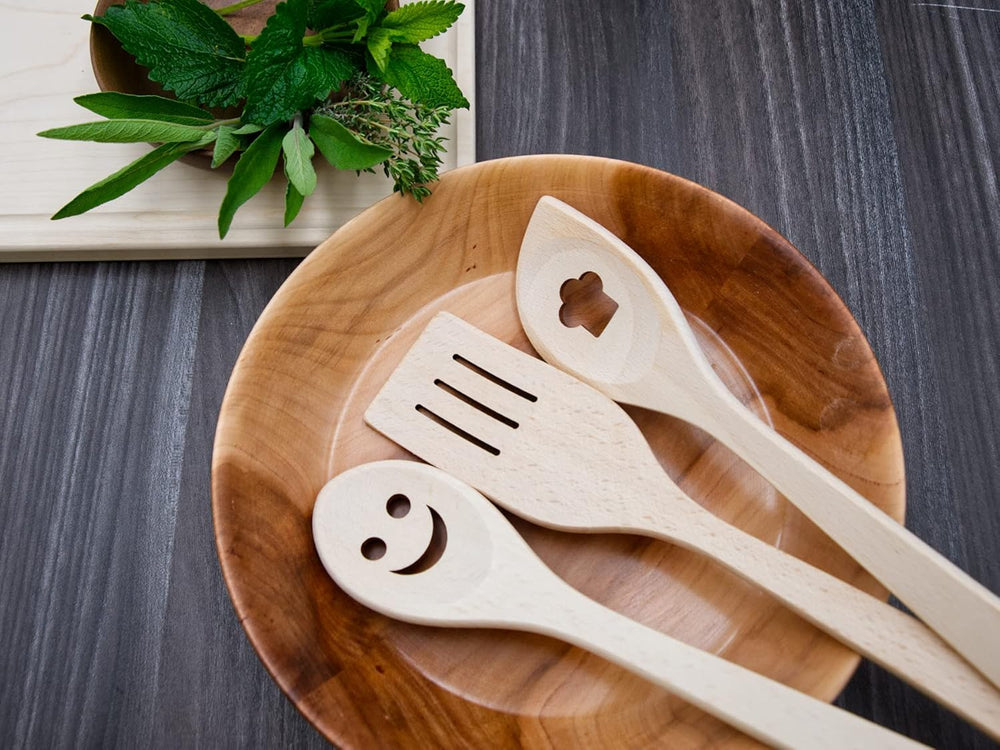 Beech Kitchen Utensils with Laser Cut Motifs - Smile (Set of 3)