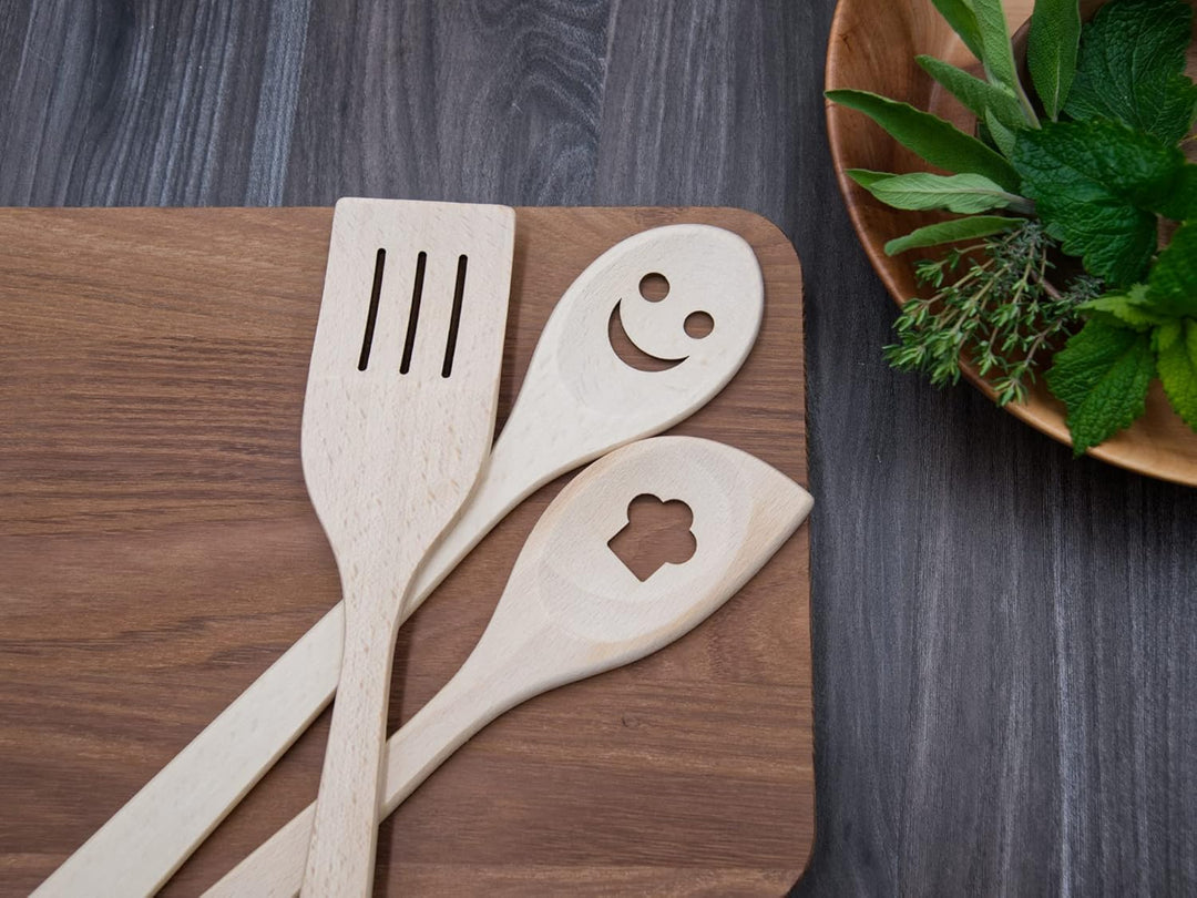 Beech Kitchen Utensils with Laser Cut Motifs - Smile (Set of 3)