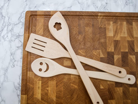 Beech Kitchen Utensils with Laser Cut Motifs - Smile (Set of 3)
