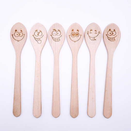 Beech Cooking Spoons with Laser Cut Motifs - Goofy Faces (Set of 6)