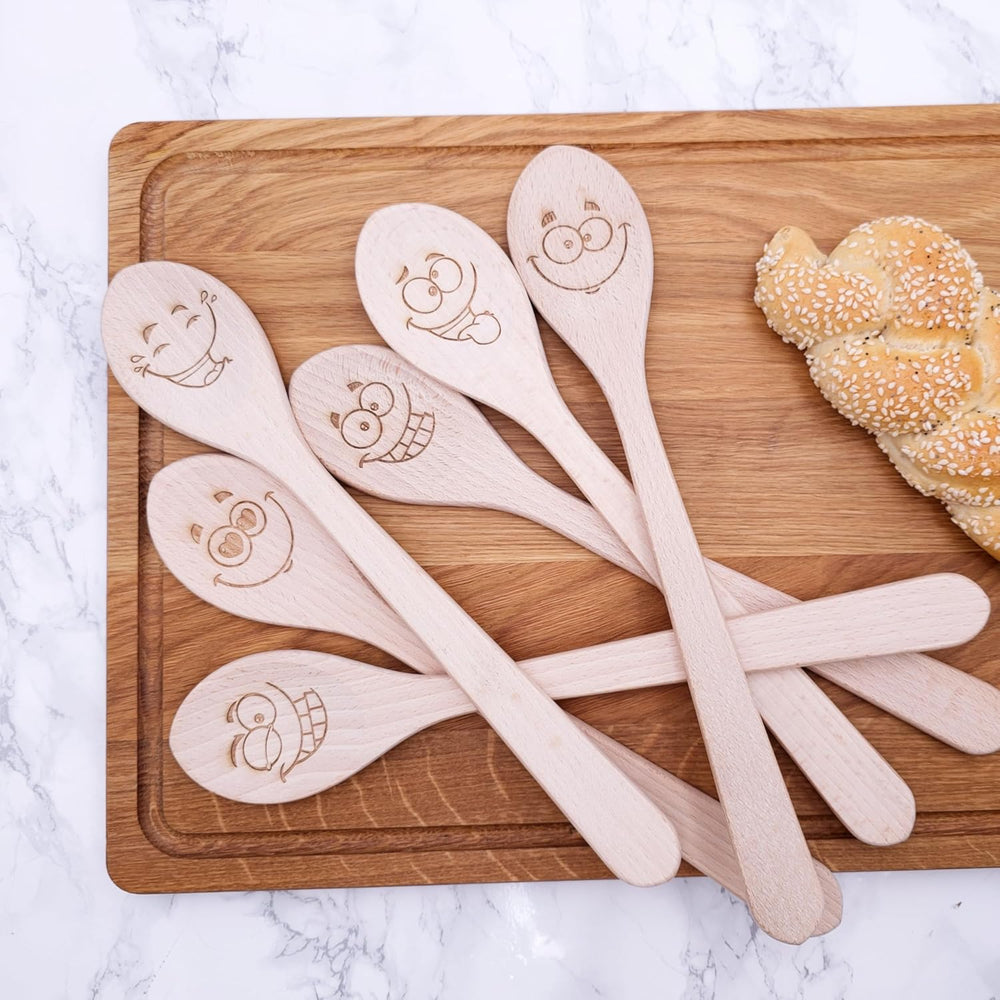 Beech Cooking Spoons with Laser Cut Motifs - Goofy Faces (Set of 6)