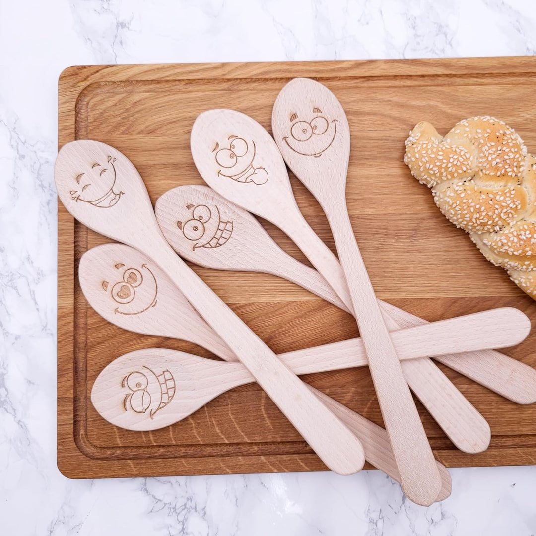 Beech Cooking Spoons with Laser Cut Motifs - Goofy Faces (Set of 6)