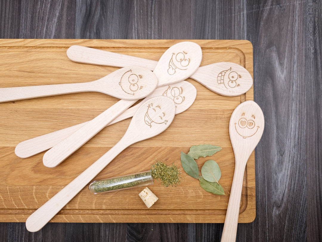 Beech Cooking Spoons with Laser Cut Motifs - Goofy Faces (Set of 6)
